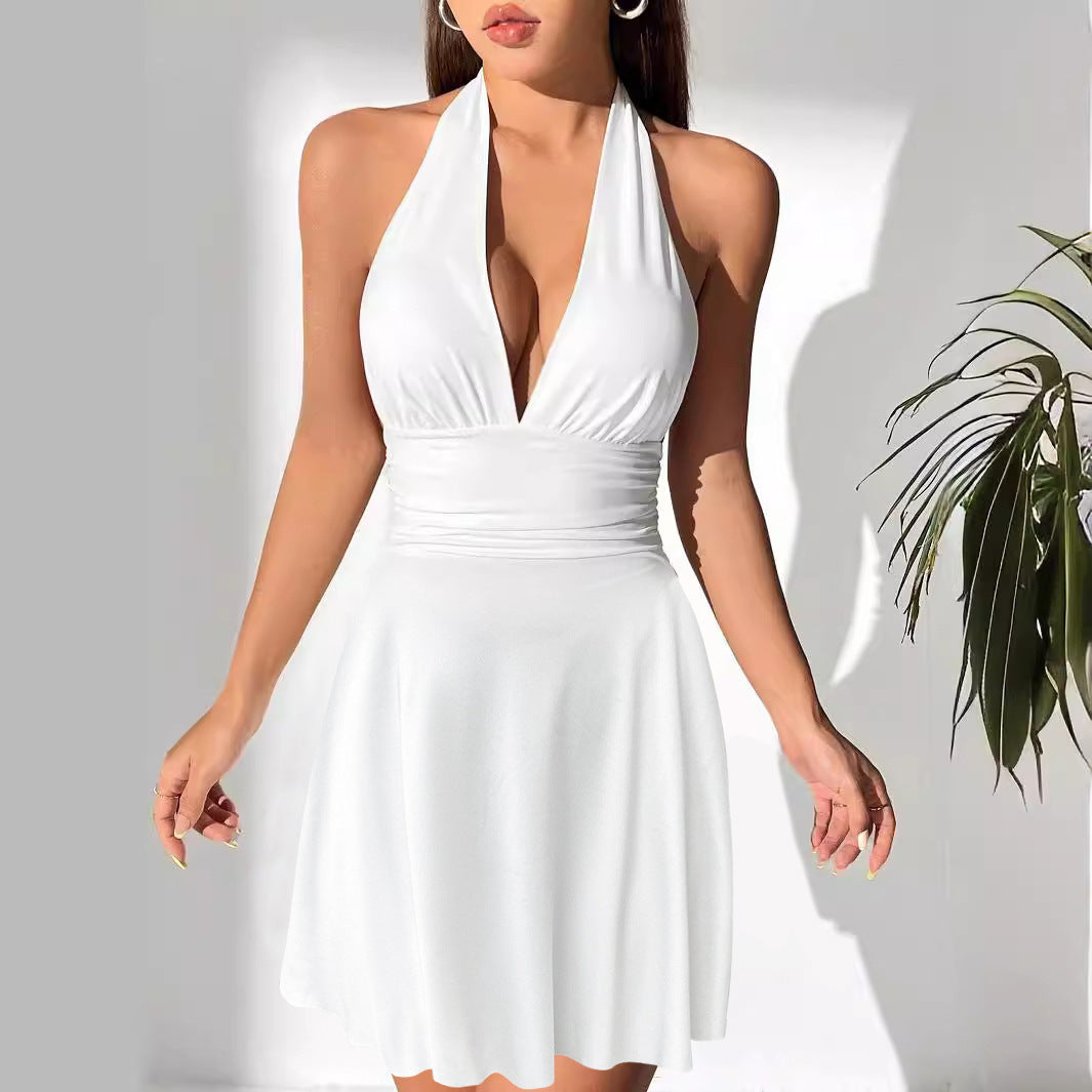 Abito Bianco Estivo da Donna con Scollo Profondo e Gonna a Ruota