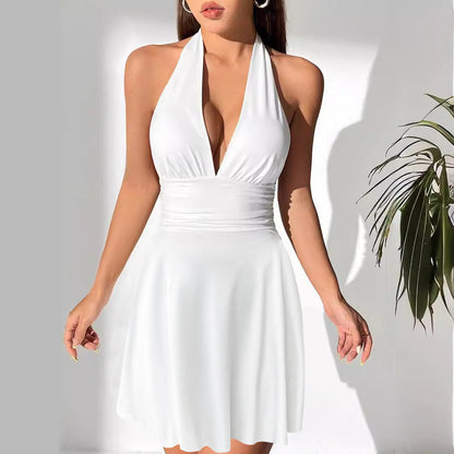 Abito Bianco Estivo da Donna con Scollo Profondo e Gonna a Ruota